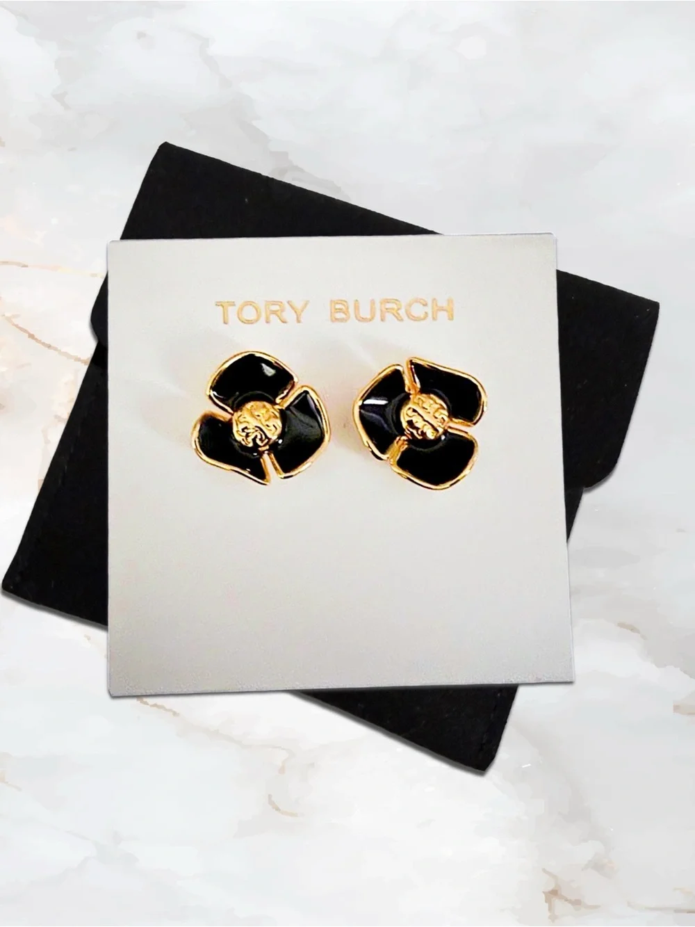 Tory Burch Fleur Black Enamel Gold Tone Floral Stud Earrings with Logo Back